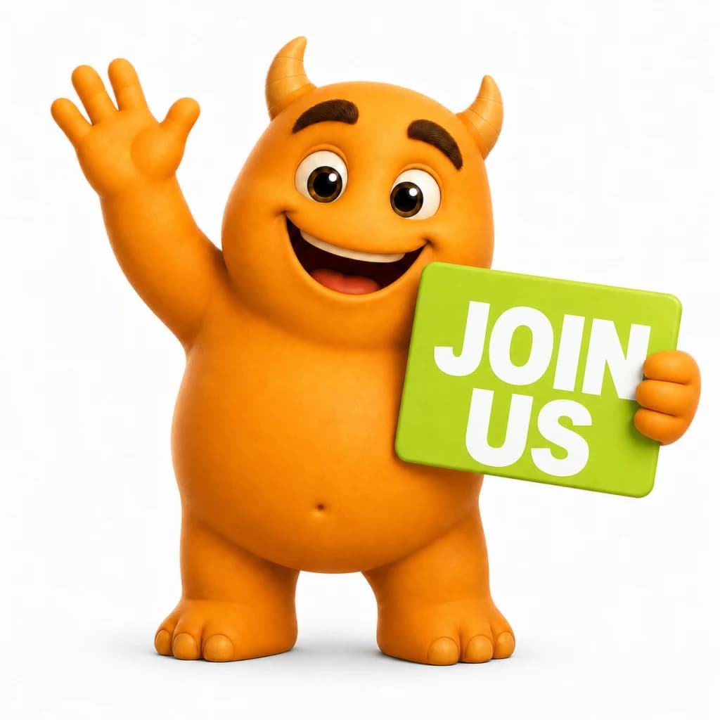 adMonster mascot waving and holding a Join us sign